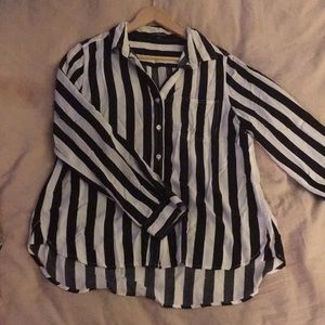 Black and white striped button up.
